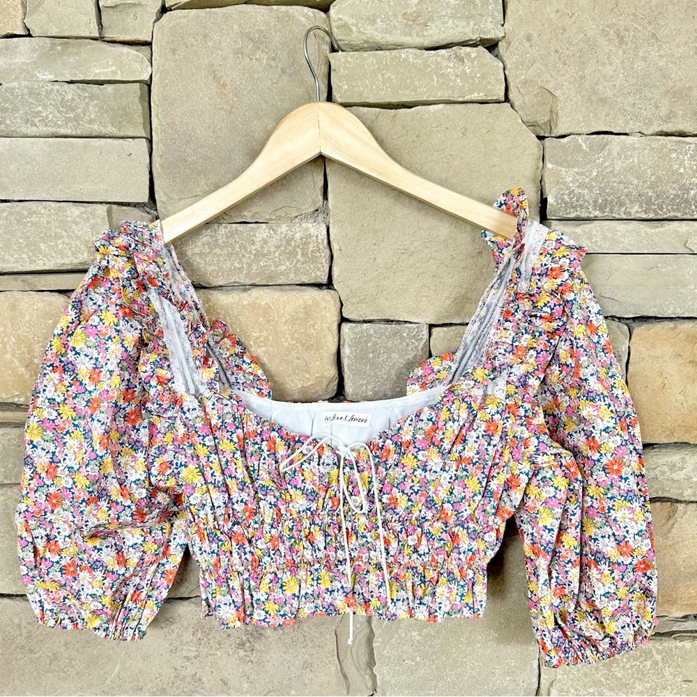 For Love & Lemons Rare Floral Crop Top with Puff Sleeves